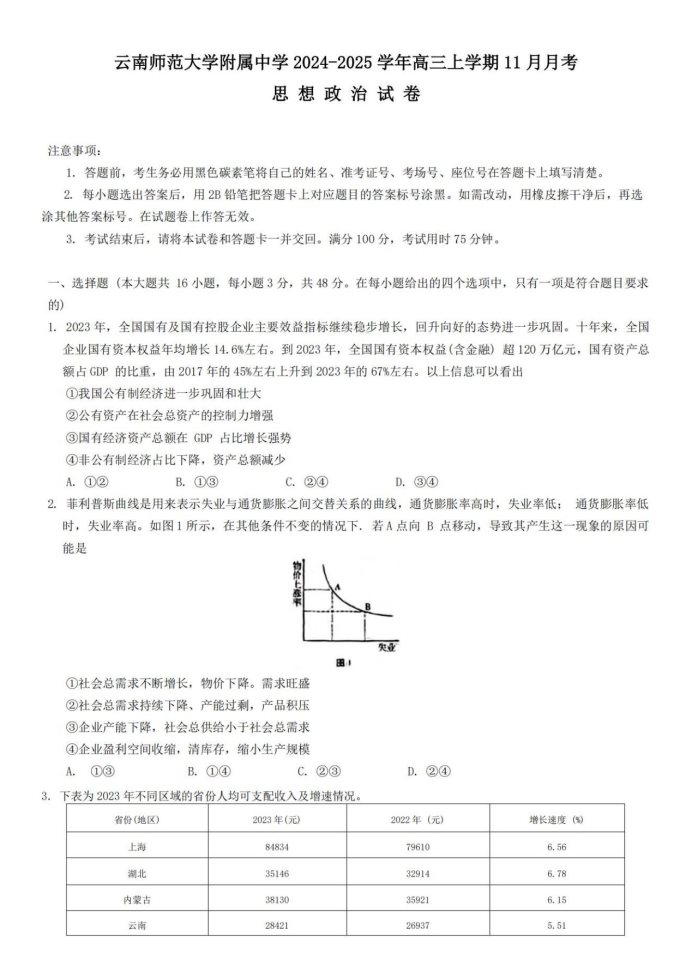 云南师范大学附属中学2025届高三月考卷政治试题及答案