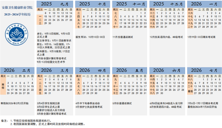 2026安徽卫生健康职业学院寒假时间及开学时间 寒假什么时候放